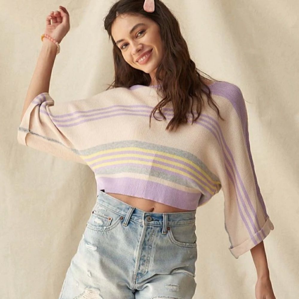 Set of 2 Promesa Borderline Striped Rib-Knit Cropped Sweater & Q2 Lavender Knit